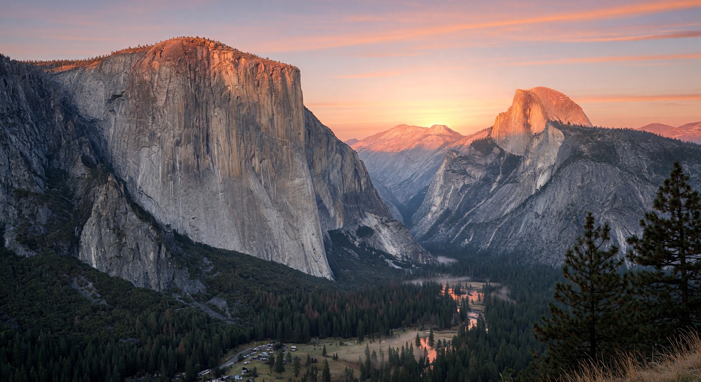 Urlaub in Yosemite – El Capitan und Half Dome im Yosemite Valley bei Sonnenaufgang | Travelviser